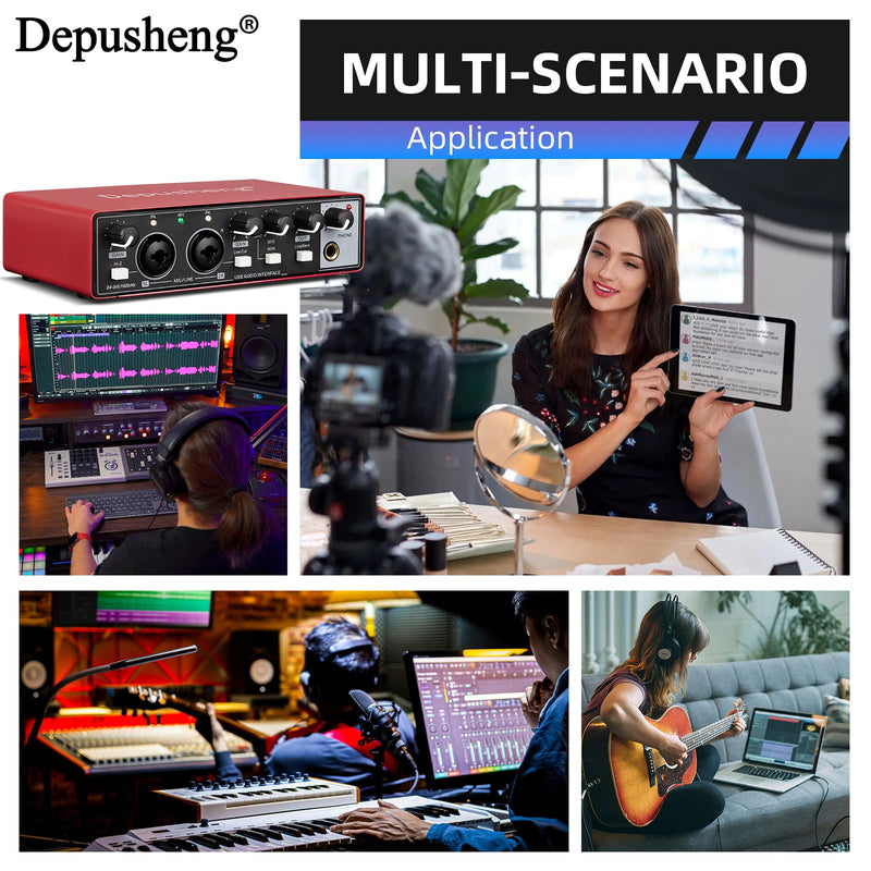 Depusheng RED USB Audio Interface for Recording Music, XLR Interface with 48 V Phantom Power, Audio Box for Guitarists,Podcasters or Producers to record and playback studio quality sound