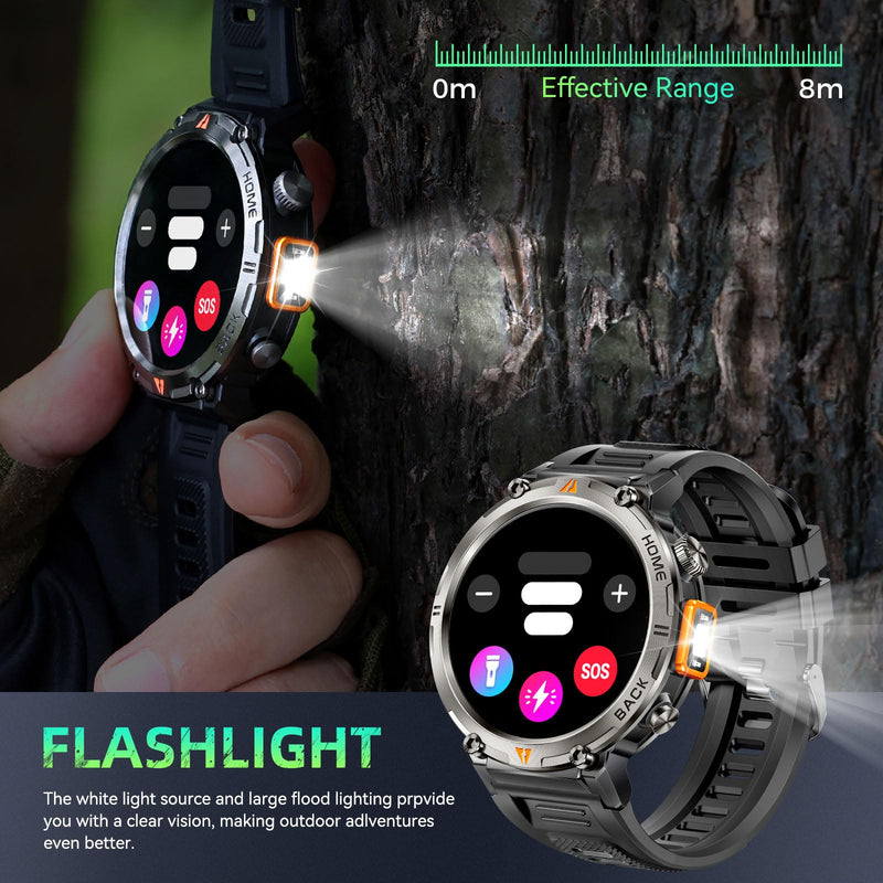 Military Smart Watches for Men Built-in GPS 3ATM Waterproof LED Flashlight | 1.45" Rugged Tactical Smartwatch with Compass/110+ Sports Modes Fitness Tracker with HR/SPO2/Sleep Monitor for iPhone Android Black orange