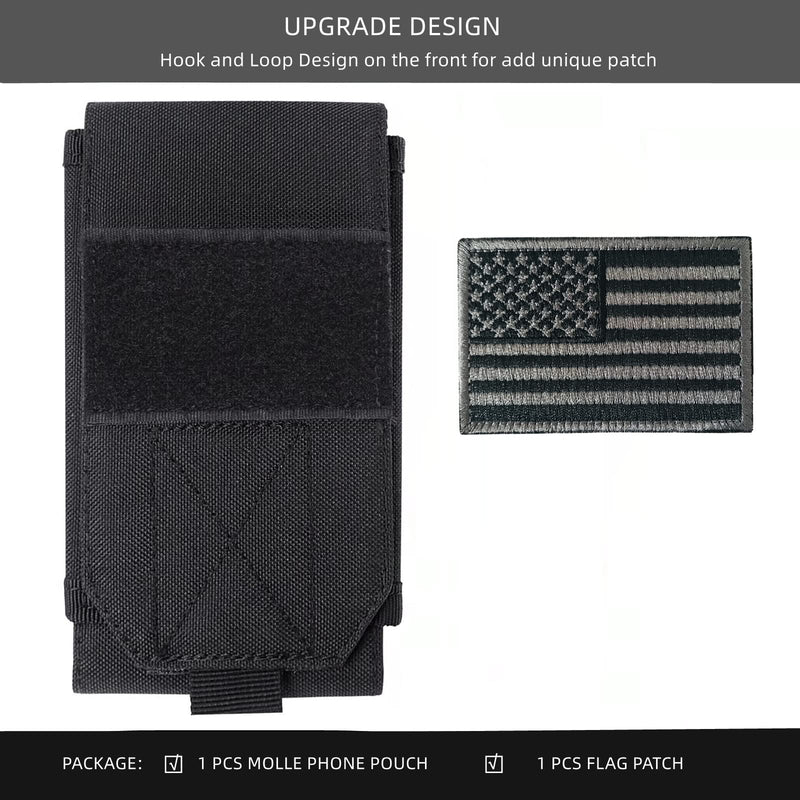 Black Tactical Molle Cellphone Pouch Case,Heavy Duty Waterproof Phone Holster Bag for iPhone 11 12 13 Pro Max Samsung S22 S21 S20 FE Note 20 A13 A12 A02S Less 6.7" Phone with US Flag Patch Black & 1 Gray Patch