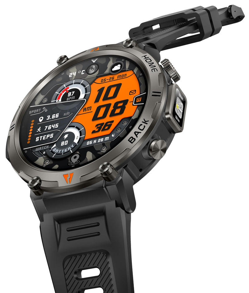 Military Smart Watch for Men, GPS Watch with Flashlight 3ATM Waterproof | Rugged Tactical Smartwatch with Bluetooth Calling Compass 1.45'' HD Sports Watch Fitness Watch Compatible with iPhone Samsung BK