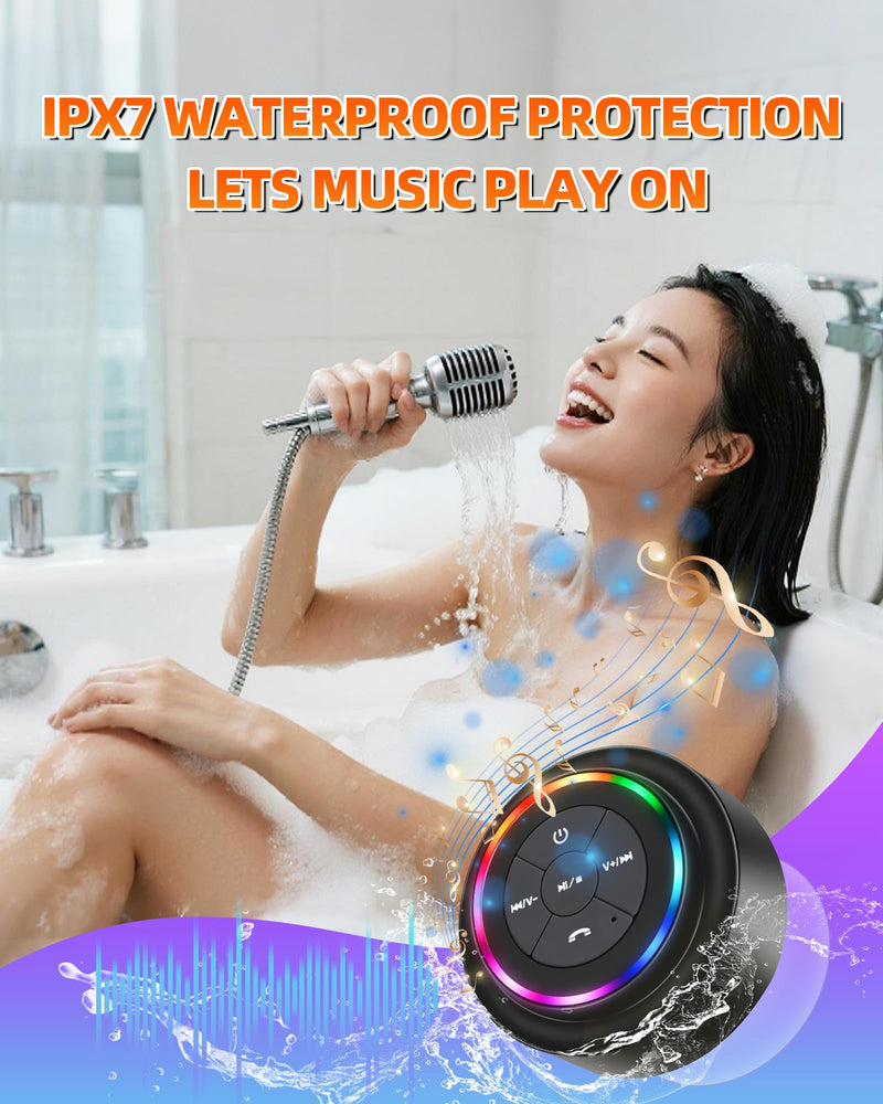 Waterproof Bluetooth Shower Speaker, Portable Wireless Speaker with Suction Cup, Small Portable Wireless Outdoor Speakers, 6 Mode RGB Lights, for Shower Bathroom Pool Beach, Gift Ideas for Christmas