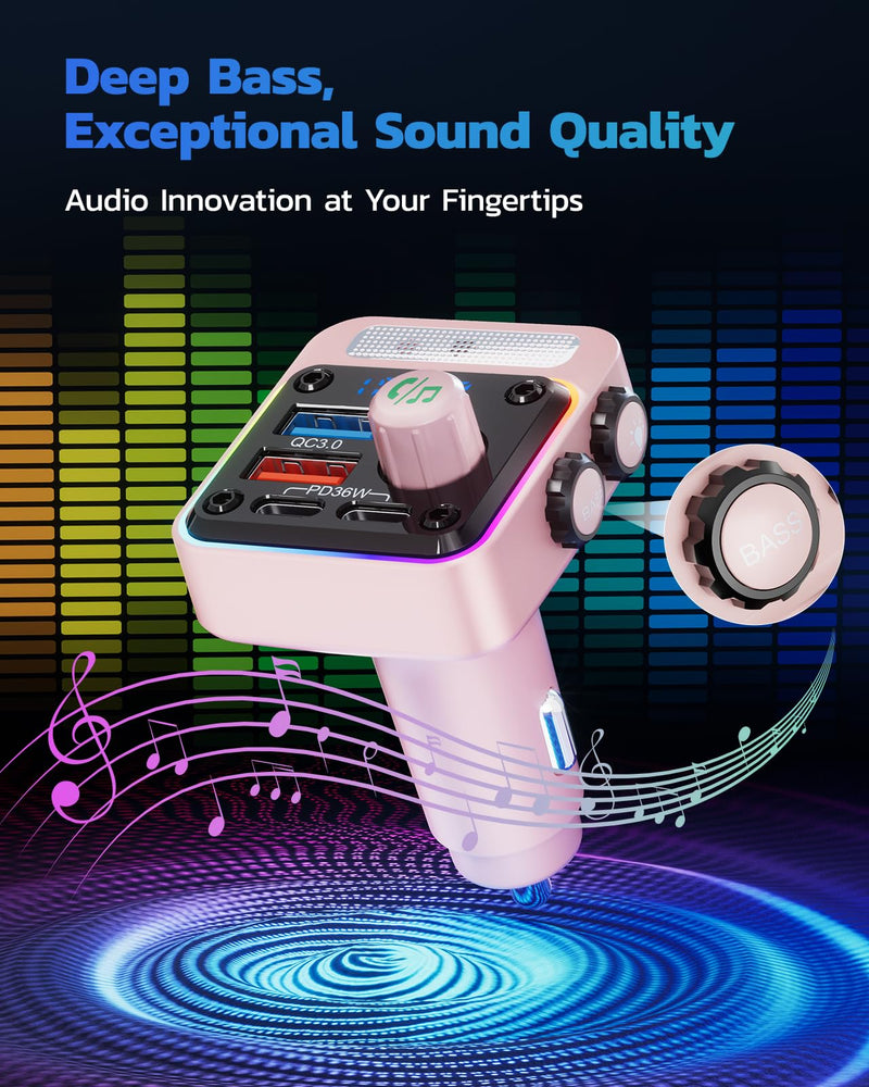 [AUSTRALIA] - Nulaxy 54W Bluetooth 5.3 Car Adapter with 4 Charging Ports [PD 36W & QC3.0 18W], Wireless Radio FM Transmitter with Deep Bass Player & 5 Colors LED Backlit, Hands-Free Calling - Pink 