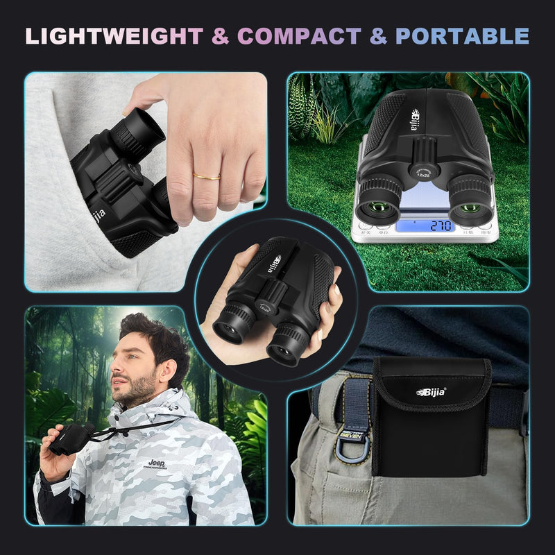 [AUSTRALIA] - BIJIA 12 x 25 Compact Binoculars for Adults and Kids, Easy Focus Small Binoculars with BAK4 Prism, Large Eyepiece, Waterproof, Low Light Vision for Travel, Hiking, Bird Watching, Hunting, Concerts 