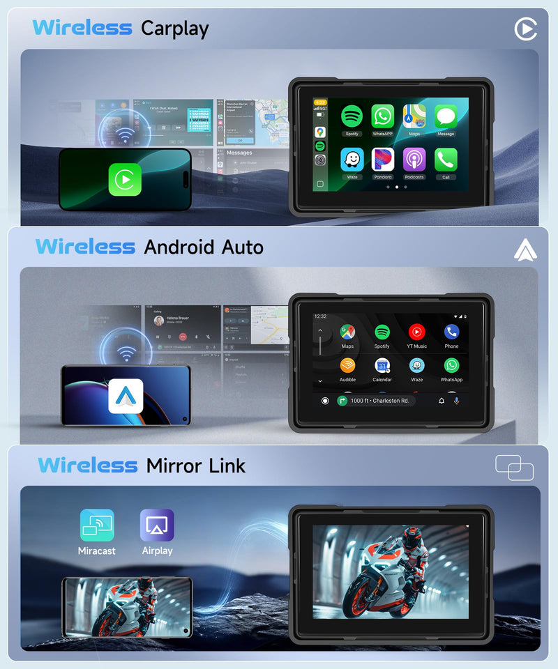 5 Inch Motorcycle Wireless CarPlay GPS Navigation System | Android Auto Portable CarPlay Screen for Motorcycle, Dual Bluetooth, Si-ri, Goo-gle Assistant, IP67 Waterproof Moto Screen