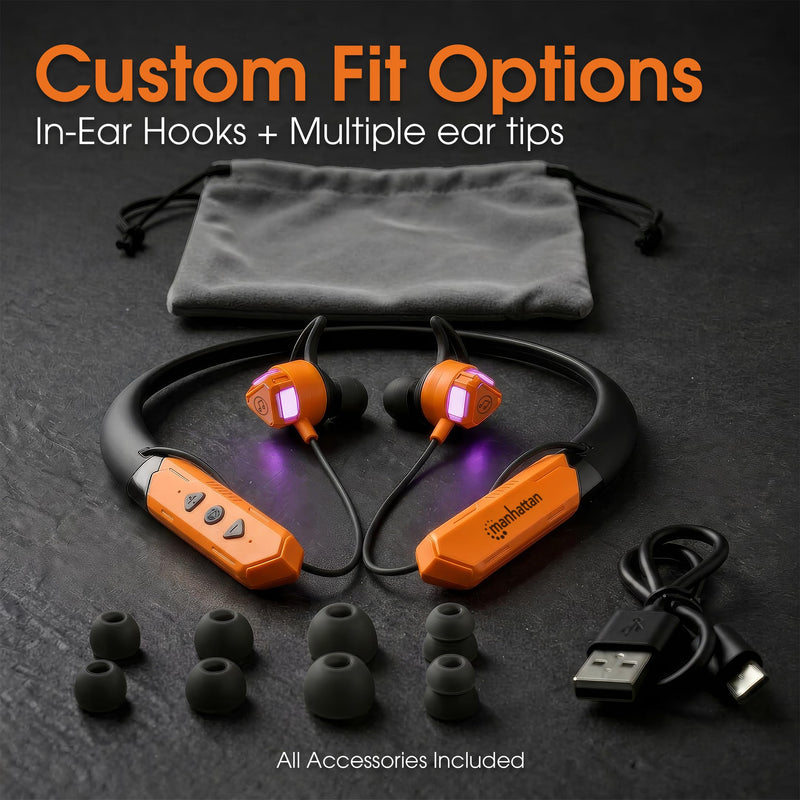 Manhattan Bluetooth 5.2 Neckband Earbuds, 15-Hour Battery, IPX4 Mic | Wireless sport headset with 30 ft range, mic controls, noise-isolating fit, sweat-resistant housing, USB-C charging | 179829 Black/Orange