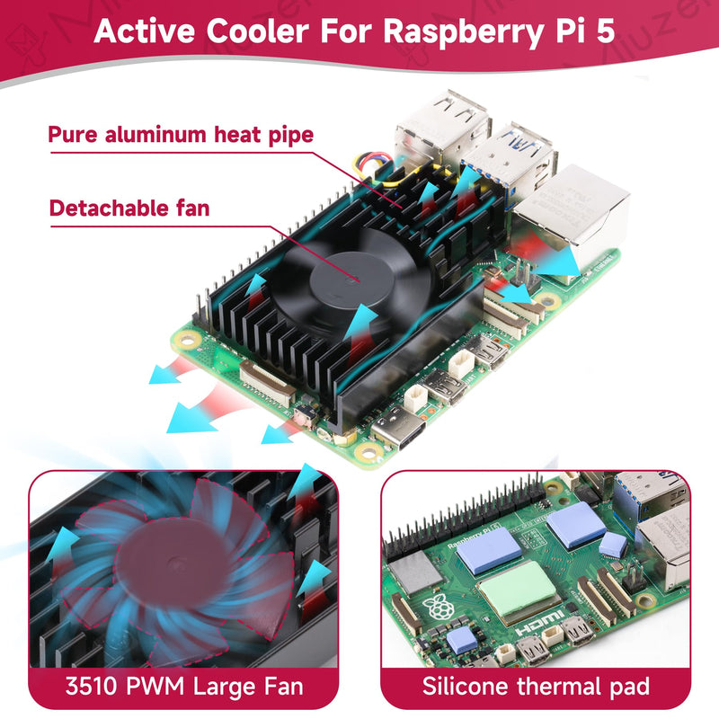 Miuzei Heatsink for Raspberry Pi 5 with Active Cooler Fan, Raspi5 Metal Cooling Case Cooler with PWM Active Fan, Aluminium Heatsink and Cooling Fan for Raspberry Pi 5 4GB/8GB Black