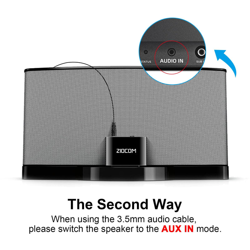 ZIOCOM 30 Pin Bluetooth Adapter Receiver for Bose iPod iPhone SoundDock and Other 30 pin Dock Speakers with 3.5mm Aux Cable(Not for Car and Motorcycles), Black
