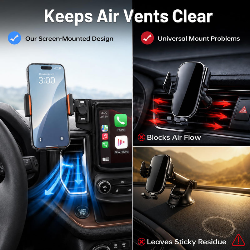 Car Phone Holder for Ford Bronco Sport 2021-2024 Accessories, 8-Inch Touchscreen Phone Mount with Up to 15W Fast Wireless Charging, Auto-Clamping Aluminum Holder, 360° Rotation, Keeps Air Vents Clear