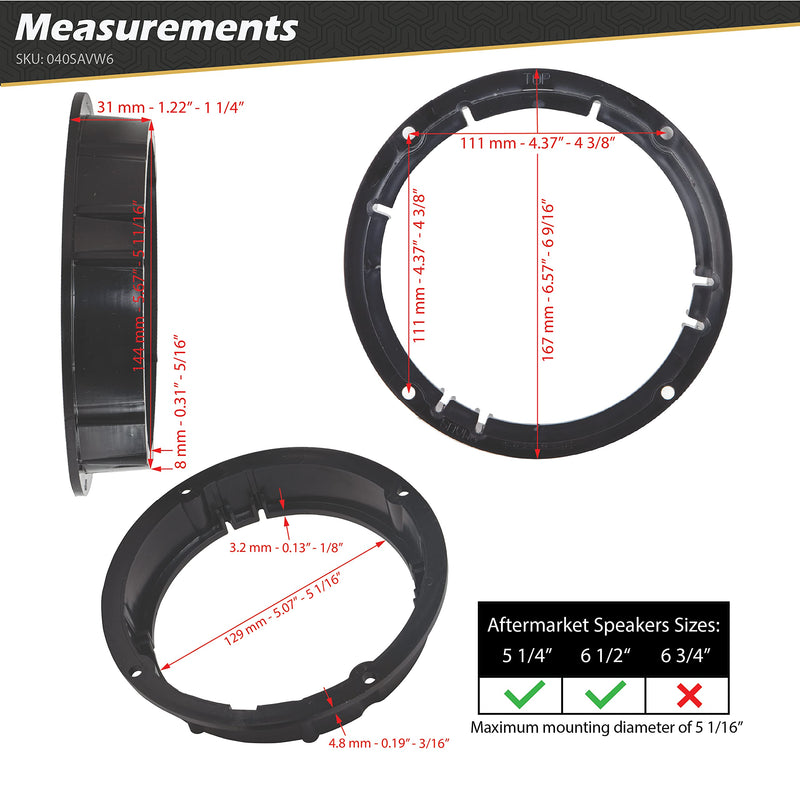 Scosche SAVW6 5.25" - 6.5" Speaker Adapters Compatible with Select 2008-2018 Audi & 1998-2018 VW vehicles (1 Pair) - See Images to Verify Vehicle and Speaker Fitment