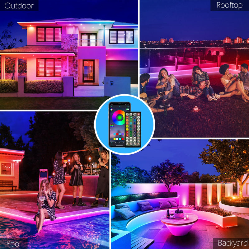 60Ft Outdoor Waterproof LED Strip Lights,Music Sync RGB IP65 Led Lights with App Control and Remote,Color Changing Waterproof Led Rope Lights for Outdoor,Balcony,Roof,Garden,Stairs Party