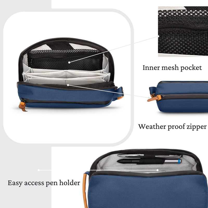 Tech Bag Organizer - Small Electronics Organizer Pouch for Travel - Premium Travel Case with Leather Accents - Mesh Pocket for Cables, Cords and Chargers (Navy) Navy