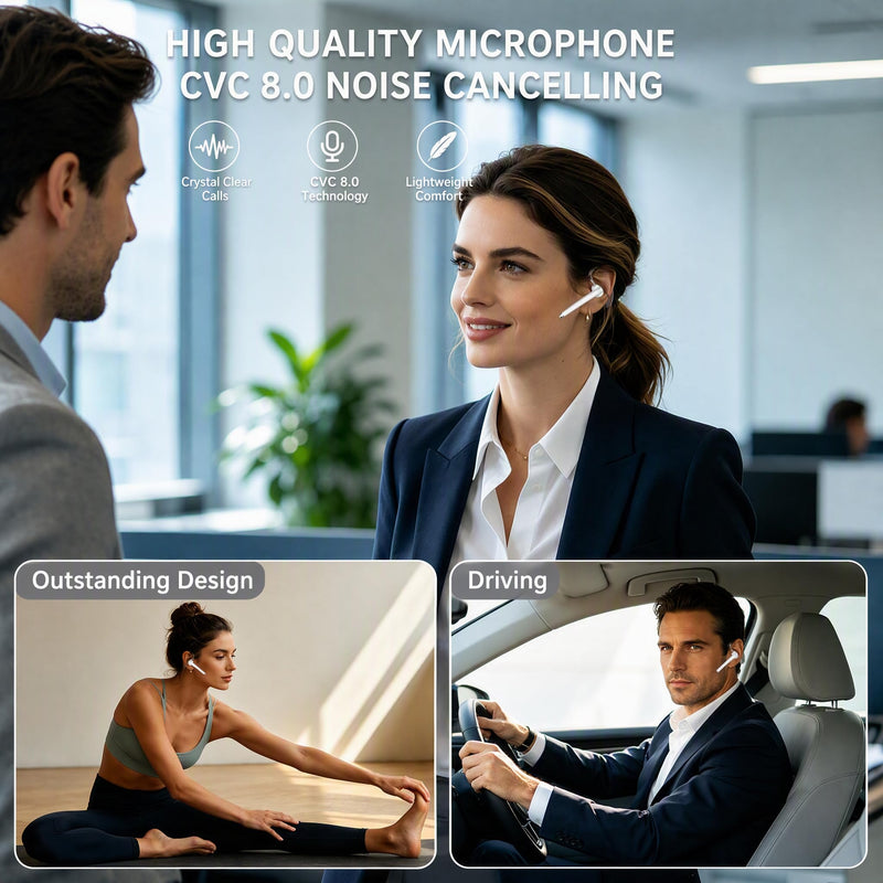Hsility Bluetoth Earbuds with Mic for Office 270 Degree Rotatble Wireless Earbuds for Truck Driver White