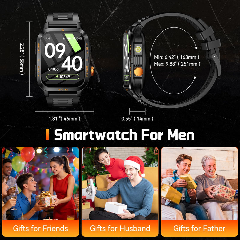 Military Smart Watches for Men (Answer/Make Call) 1.96" HD Big Screen | Rugged Tactical Smartwatch with LED Flashlight/880mAh/3ATM Waterproof/HR/Sleep Monitor, Fitness Tracker for iPhone Android Black
