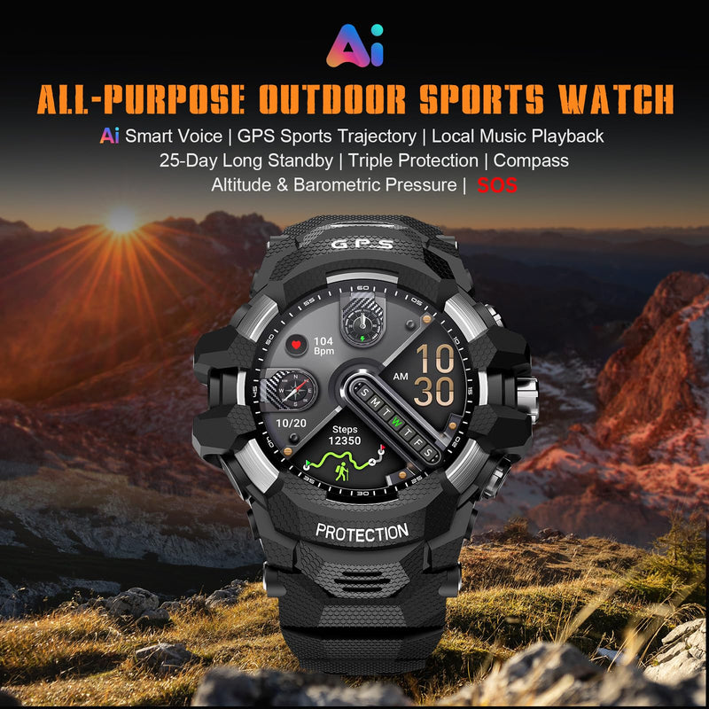 GPS Smart Watch AI Q&A Local Music Playback, GPS Motion Track, SOS Whistle, Compass, Altitude, Dual LED Flashlight, 25-Days Standby, 3ATM Waterproof, Red