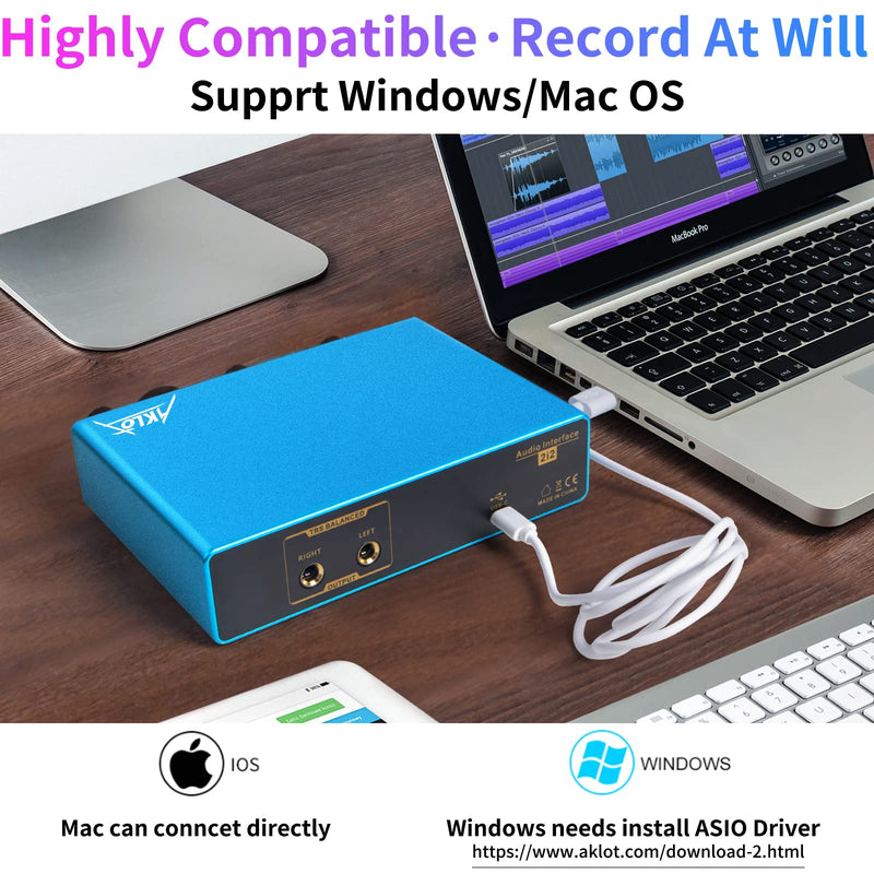 USB Audio Interface, AKLOT Xrl Audio Interfaces, for the Guitarist, Vocalist, Podcaster or Producer, 24-bit/192 kHz High-Fidelity, Studio Quality Recording, 2 In 2 Out Audio Interfaces for PC/Win/Mac 2In-2Out Blue