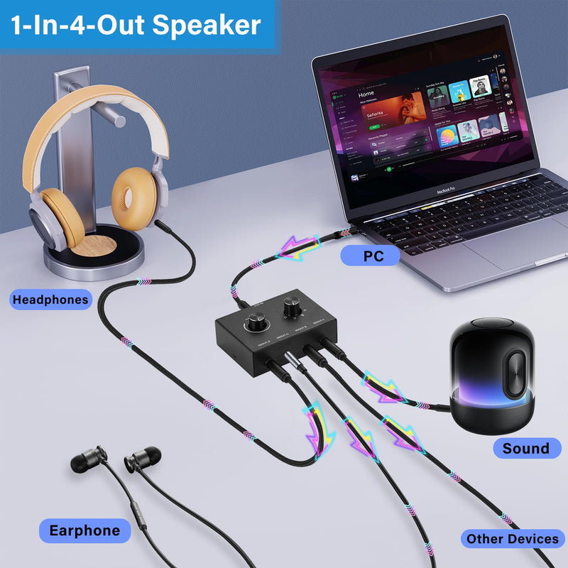 [AUSTRALIA] - 4 Way 3.5mm Stereo Audio Switch, AUX 3.5mm Audio Switch Audio Switcher Passive Speaker Headphone Manual Selector Splitter Box Audio Sharing (4/1 in -1/4 Out) 4 Port Black 