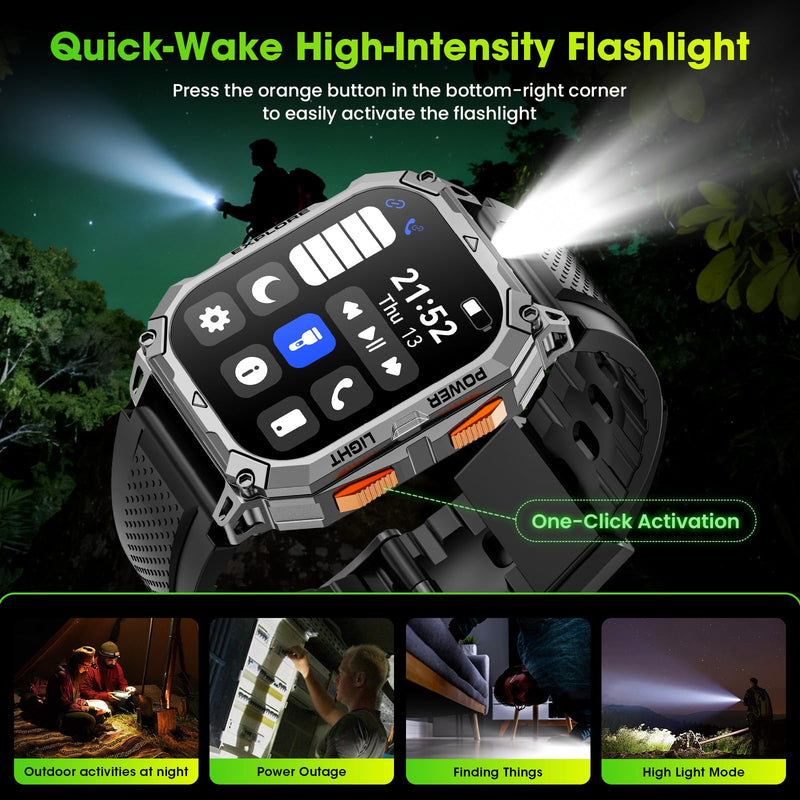 Smart Watches for Men, 2.01" HD Military Smart Watch with 1000mAh High-Capacity Battery/Led Flashlight/Answer/Make Call/Heart Rate/Sleep Monitor/Step Tracker, Fitness Tracker for Android/iPhone Orange