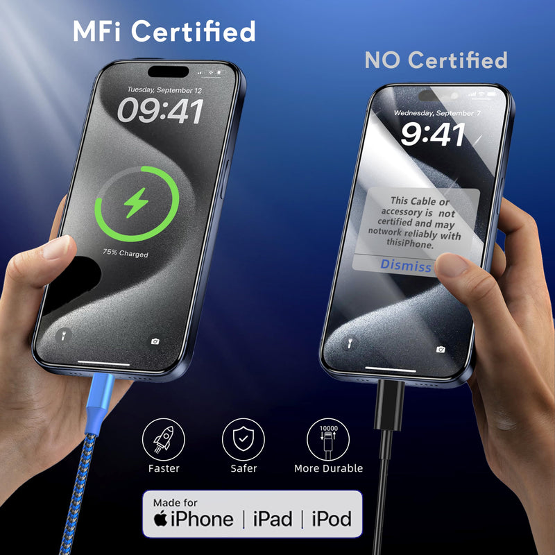 [AUSTRALIA] - iPhone Charger Cord 3Pack 10FT Apple MFi Certified Nylon Braided Fast Charging Lightning Cable Compatible with iPhone 14/13/12/11 Pro/11/XS MAX/XR and More 