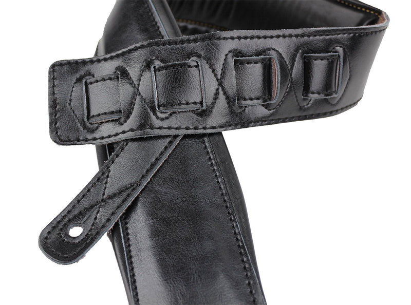 Walker & Williams C-22-BB Black on Black Premium Top Grain Leather Double Padded Guitar Strap Extra Wide For Acoustic, Electric, And Bass Guitars