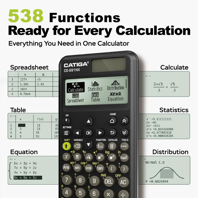 CATIGA Black Scientific Calculator with Textbook-Style HD Display, Solar & Battery Scientific Calculators for College, High School & Engineering Students, Icon Menu & Magnetic Hard Case, CS-991NX