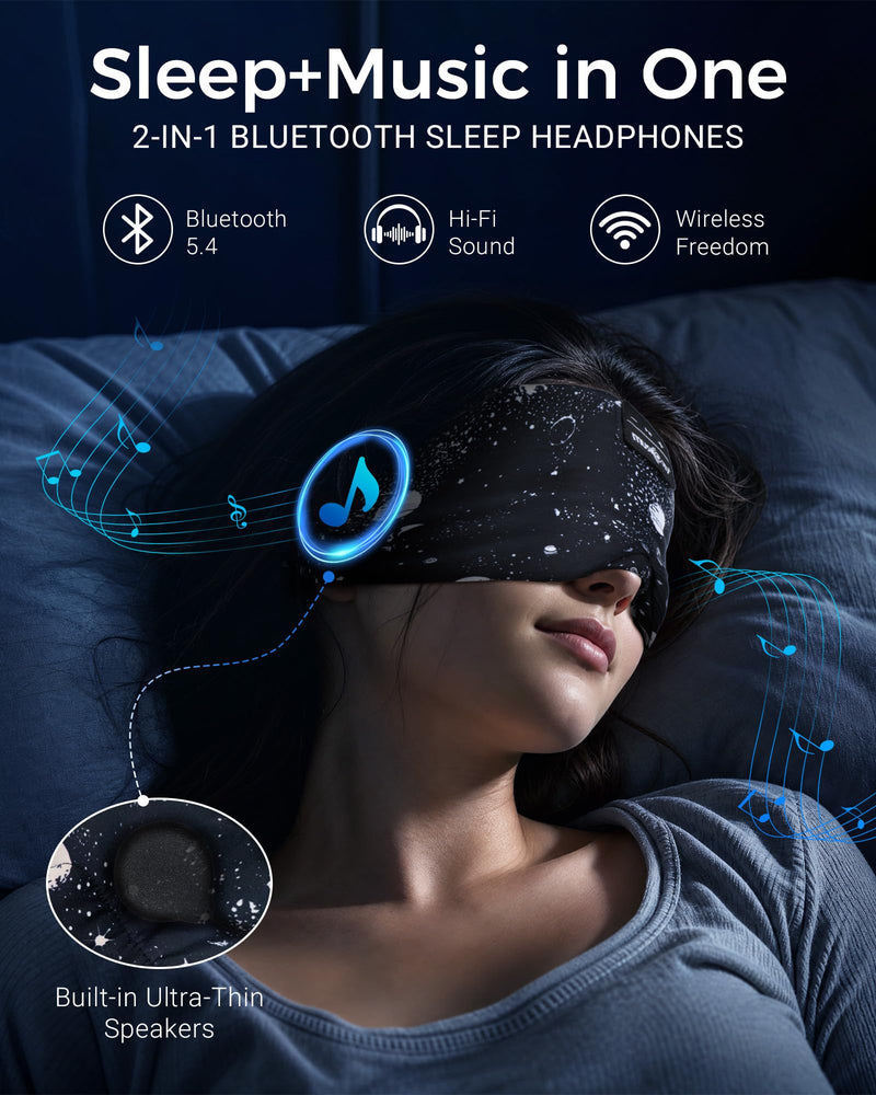 MUSICOZY Sleep Mask Stary Bluetooth Headphones for Sleeping Side Sleeper | Wireless Masks with Blackout Eye Cups, Soft Fabric, HD Audio, Comfortable for Side Sleepers, Travel and Relaxation Ice Black