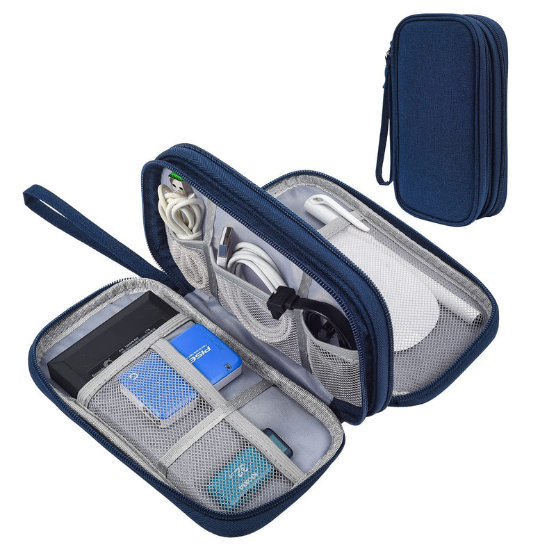 Portable, Waterproof Electronics Accessories Case and Organizer Bag for Cables, USB Drives and Chargers Double Layer - Navy Blue