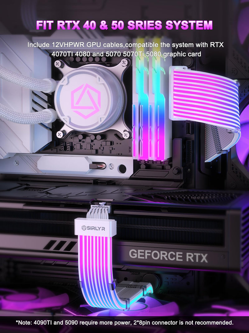Sirlyr RGB 12VHPWR Cable Set,ARGB PSU Extensions for RTX 50/40 | Includes 24Pin ATX & 16Pin to 2×8Pin GPU cables,soft LED strip ARGB lighting,compatible with RTX 5090/5080/4080 12VHPWR to 2×8 Pin Set