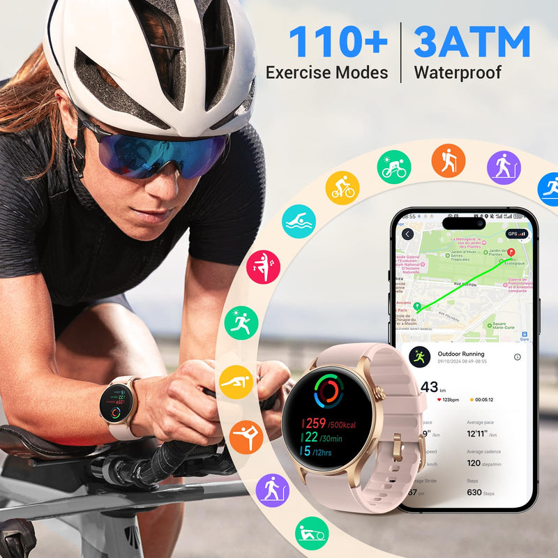 Fitpolo Smart Watch for Women,1.3" AMOLED Touchscreen Fitness Tracker, Make/Answer Calls, Heart Rate SpO2 Monitor, 3ATM Waterproof, Sleep & Activity Tracking Smartwatch for Android Phones iPhone Rose Gold
