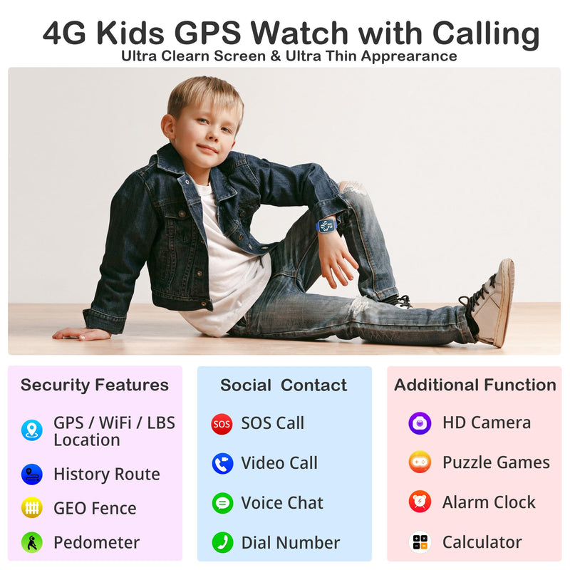 Kids Watch with GPS Tracker, 4G Kids Smart Watch Boys Age 5-12, Kid Cell Phone Watch with SOS Video Call Voice Chat Message Puzzle Camera Flashlight Alarm Clock Pedometer Puzzle Games Blue