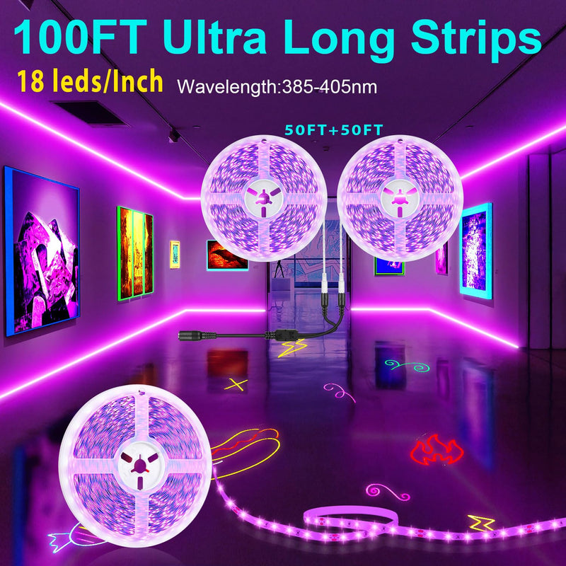 100FT Black Light LED Strip App Control With Remote, Smart Purple Neon Blacklight Adhesive for Glow Party, UV Light for Halloween Decor, Bedroom, Tapestry, Poster 100FT