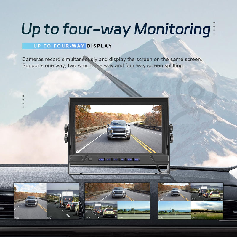 9 Inch Wireless Backup Camera for Truck RV Backup Camera Wireless, 4 Channels Split Screen, BSD Alert, Night Vision, IP68K Waterproof, for Truck, Pickup, Trailer, Cars - Parking Safety