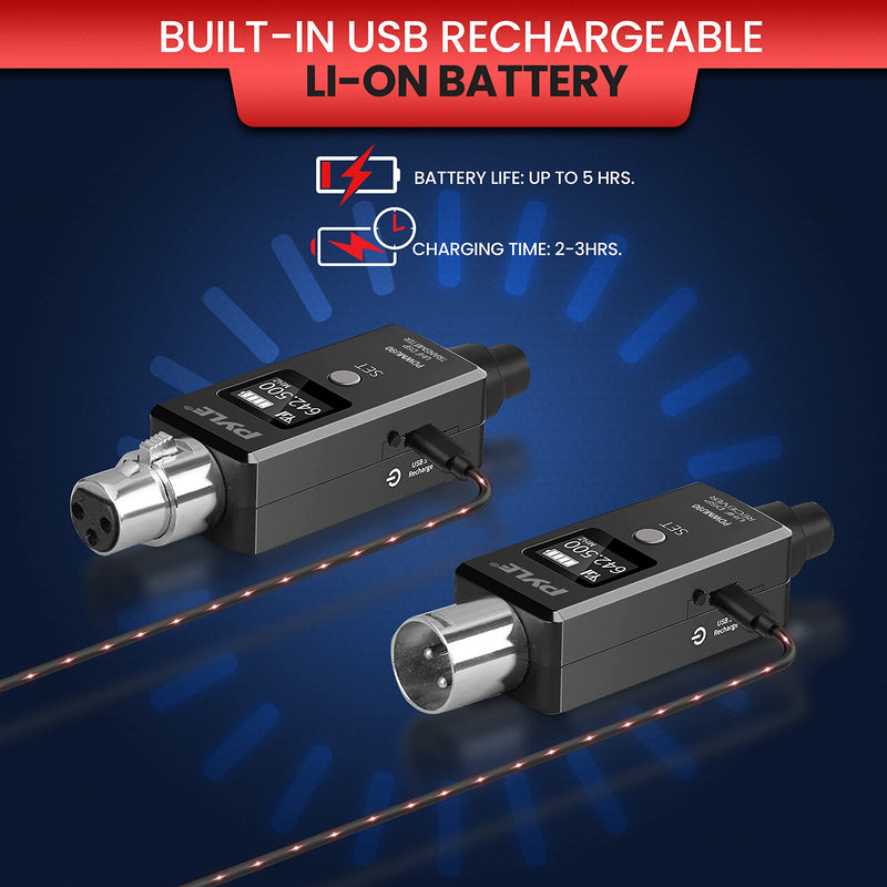 Pyle Multifunctional UHF Wireless XLR Adapter System,Transmitter And Receiver For Dynamic Microphones And Music Sources,48k Frequency Signal Transmission,USB Recharge Capable,90 Feet Range,Dark Gray Sound And Recording Equipment