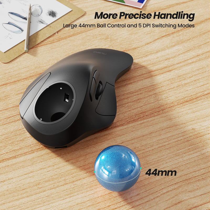 Nulea M505A Wireless Trackball Mouse Ergonomic 44mm Index Finger Control | Rechargeable rollerball mouse with 5 DPI levels,Bluetooth connection,smooth tracking,compatible with PC Mac Windows-Blue B-Blue