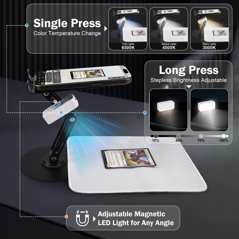 Card Scanner for Trading Cards–MTG & TCG Card Scanner Stand with Magnetic LED Light,Foldable Phone Holder for Scanning,Cards Quickly Scan and Price Check,Available for ManaBox with LED Light