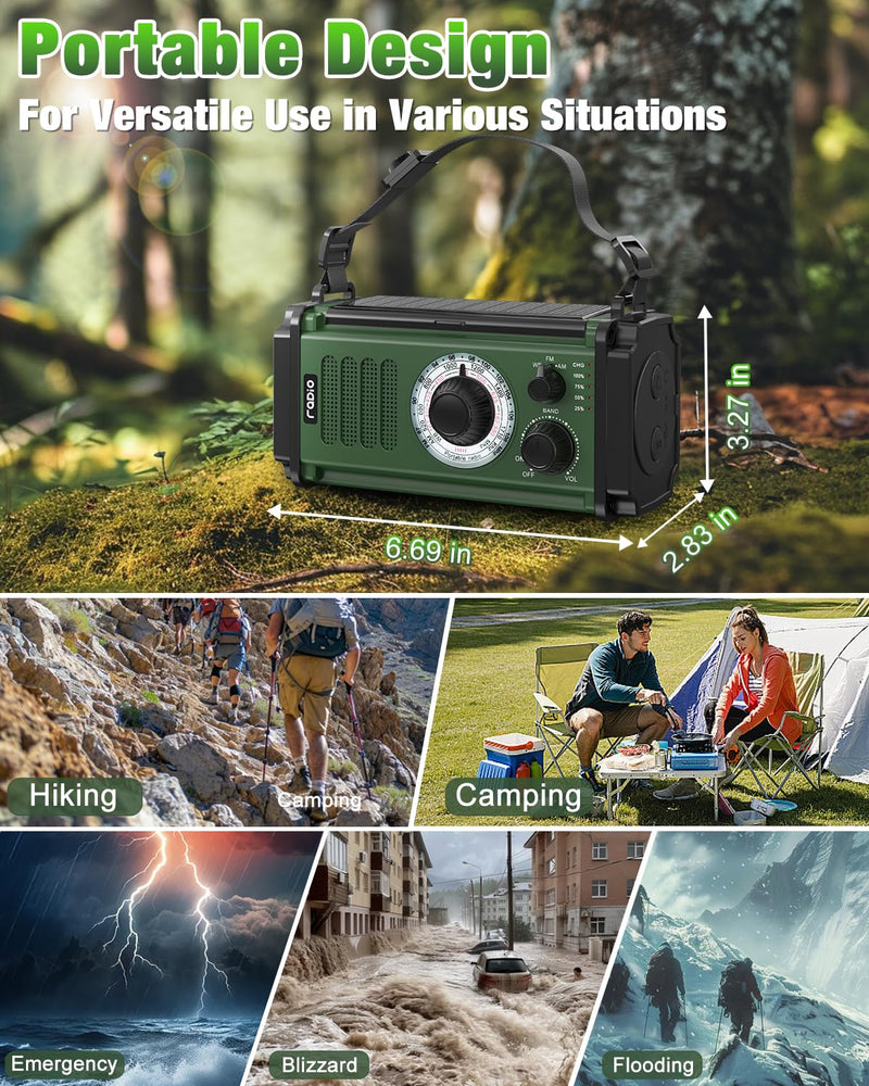 Emergency Radio, Solar Radio, 37000mWh Hand Crank Radio, NOAA AM FM Weather Radio, 5 Charging Methods, Polymer Battery, Flashlight & Reading Lamp, SOS Alarm, Phone Charger for Winter Storm Emergency Dark Green