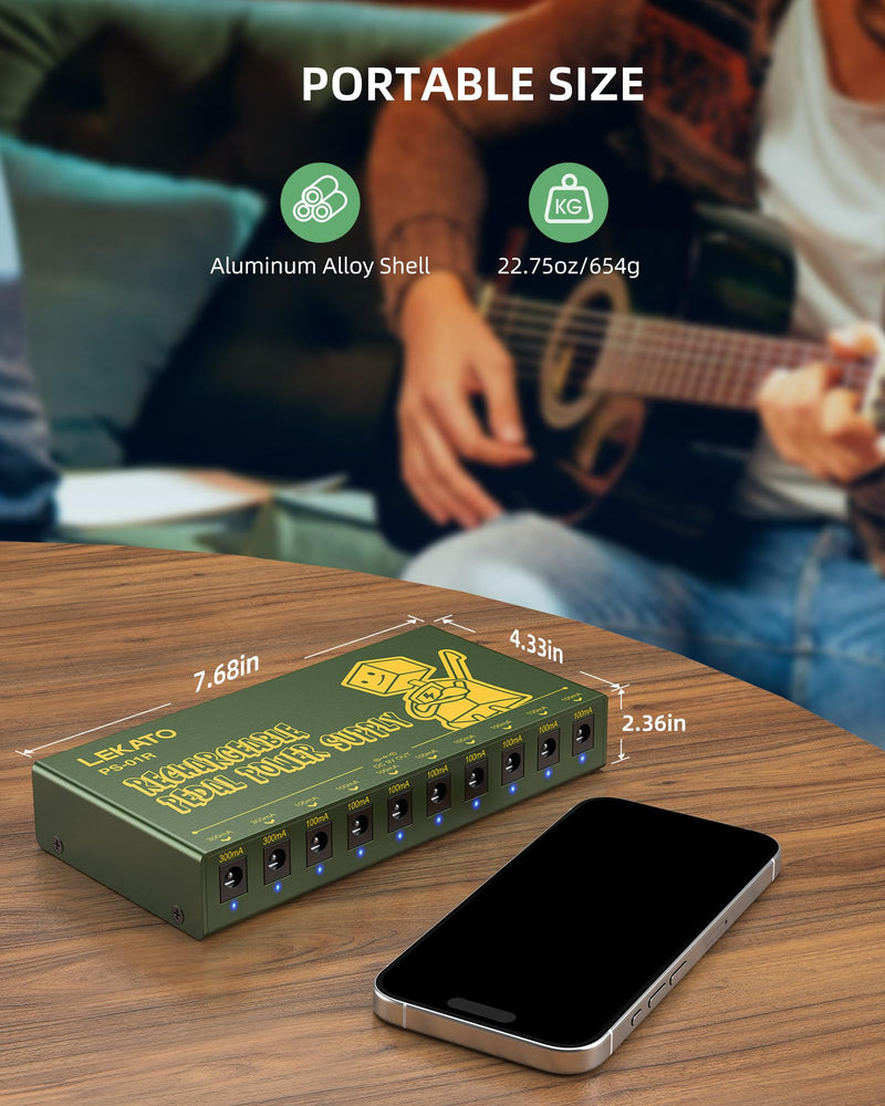 LEKATO Built-in 10000mAh Rechargeable Battery Guitar Pedal Power Supply, 10 Isolated DC Outputs, 9V 300mA, 100mA Effect Pedal Boards Power Supply, 5V/1A USB Port, Short Circuit Protection, PS-01R