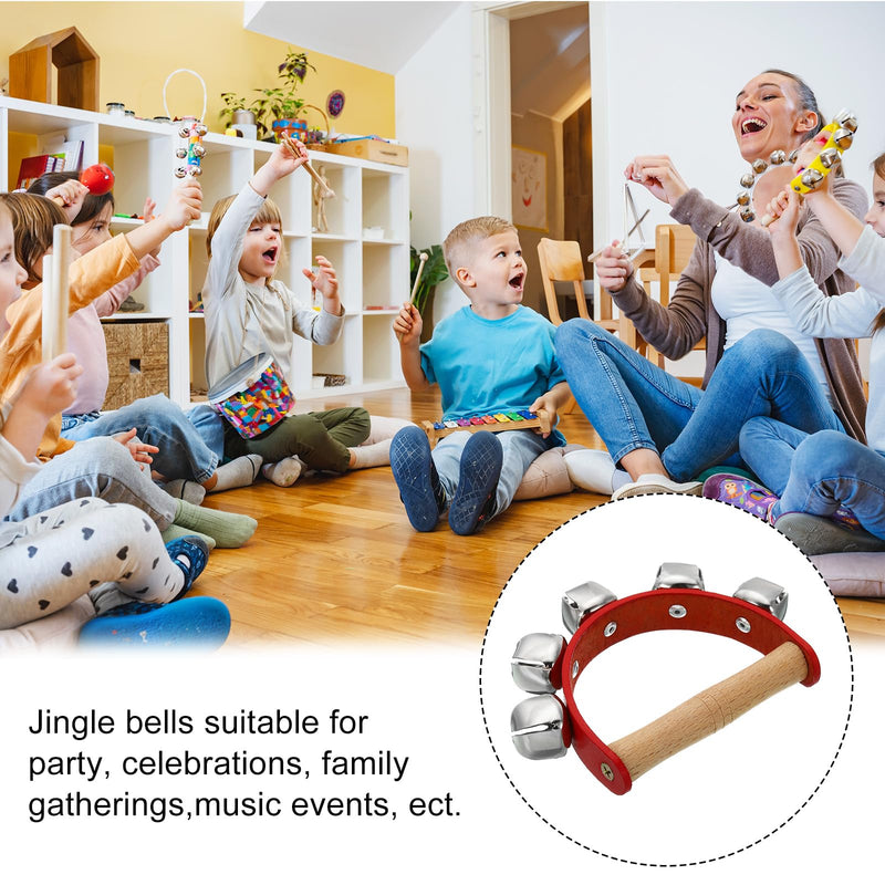 PATIKIL 6pcs Hand Jingle Bells, Hand Bell Handheld Wrist Bells Sleigh Bells Wooden Hand Percussion Instruments Musical with 5 Bells for Music Class Party Christmas, Red 6