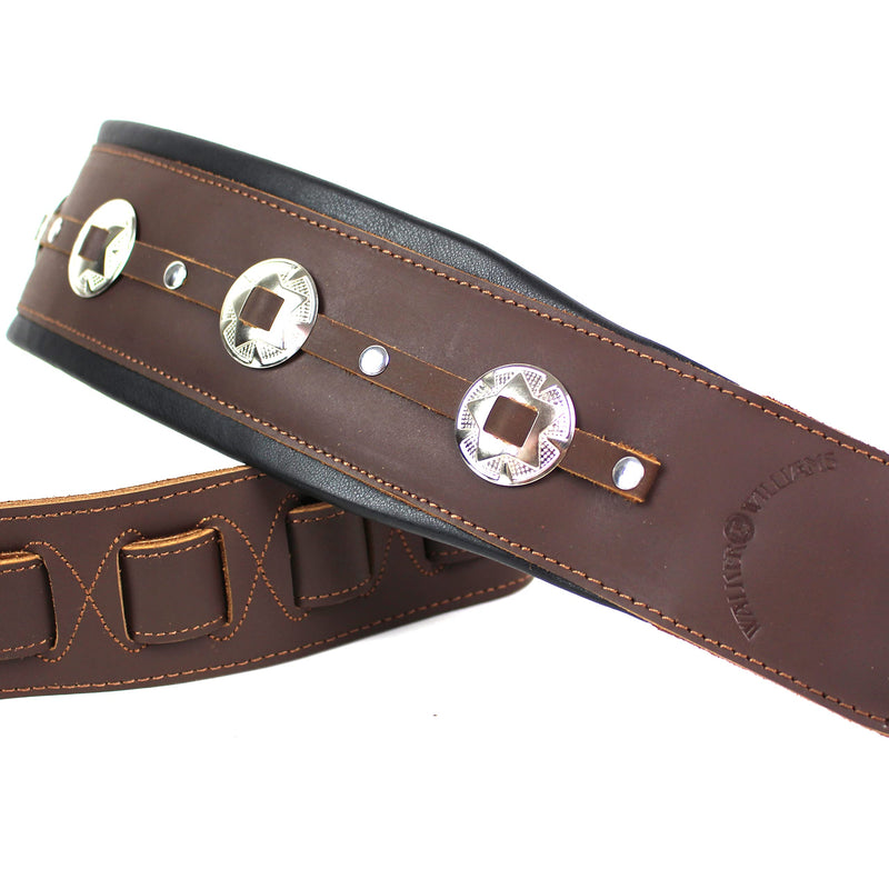 Walker And Williams C-44-BRN Handmade Brown Double Padded Premium All Grain Leather Guitar Strap with Conchos For Acoustic, Electric, And Bass Guitars