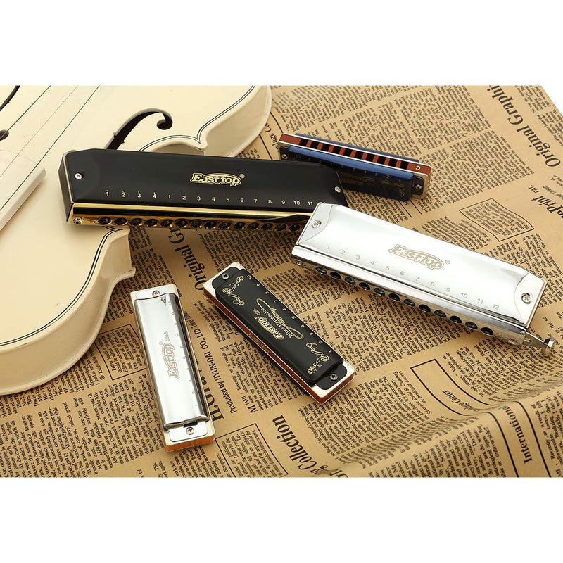 East top 10 Holes Professional Diatonic Blues Harmonica Key of A with Silver Cover, Probgrade Harmonicas For Adults, Professional Player and Students