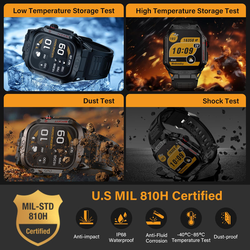 Military Smart Watch for Men, 2.02" Screen, 100+ Sport Modes, Android iOS | Heart Rate Blood Oxygen Blood Pressure Sleep, 100+ Sport Modes Fitness Tracker, Outdoor Sport Smartwatch with Flashlight Black