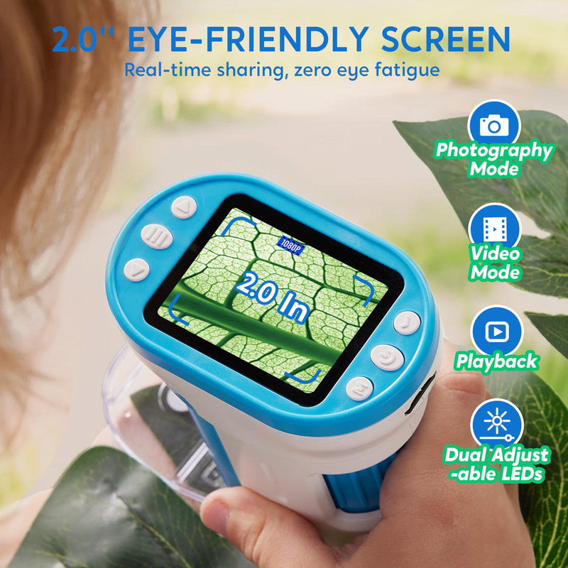 JOVA Klever Kits 2 in 1 Handheld Microscope for Kids, 1000X HD Digital Kids Microscope with 2.0'' LED Screen, Portable Pocket Handheld with Slides, 32G Card, Edu Gifts Toys for Ages 5-12