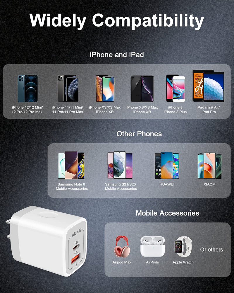 [AUSTRALIA] - 3Pack Dual Port USB-C Wall Plug-in USB Charger, AILKIN 20W Power Delivery + QC3.0 USB A Double Port Fast Charging Block for iPhone 15 14 13 12 Pro Max 14 Pro 12 Mini 11 Pro Max 14 Plus 11 SE X XS Cube White 