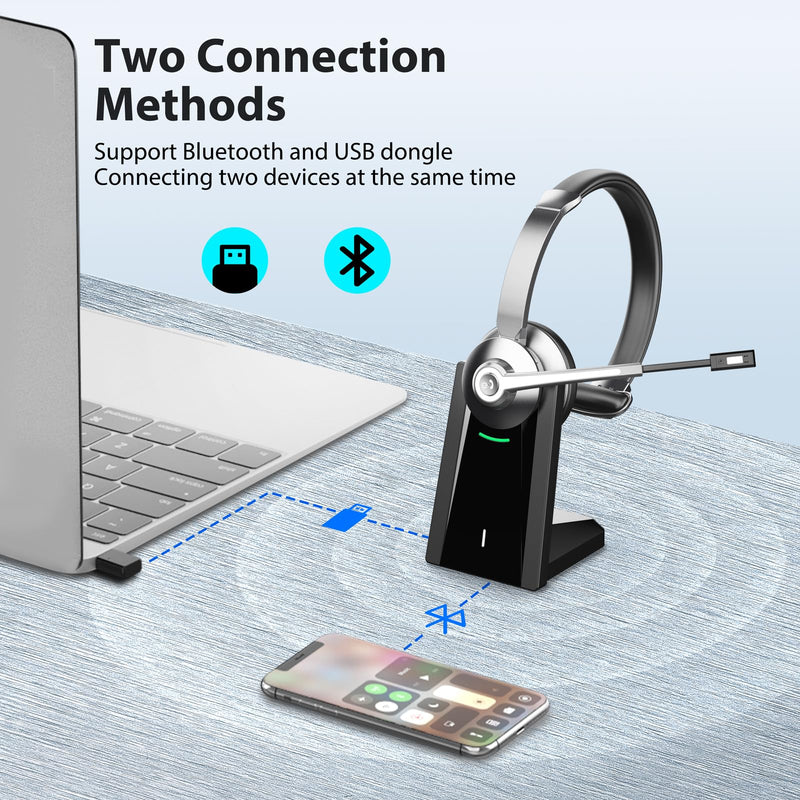 Wireless Headset, Bluetooth Headset with Microphone Noise Canceling & USB Dongle, Headphones with Mic Mute & Charging Base, Wireless Headset with Mic for Work from Home/Call Center/Computer/Zoom