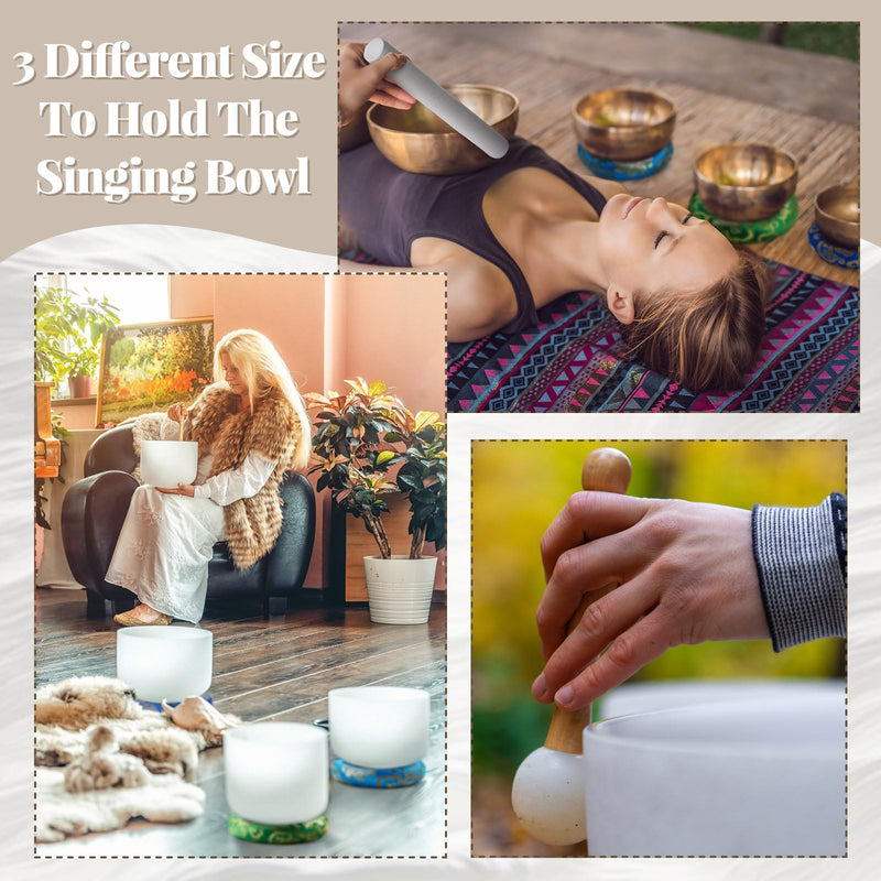 6 Pcs Singing Bowl Cushion Set 3 Silk Cloth O Ring with 3 Crystal Singing Bowl Mallet Include Solid and Hollow Stick Wood Handle Rubber Mallet for 7-9 Tibetan Sound Meditation