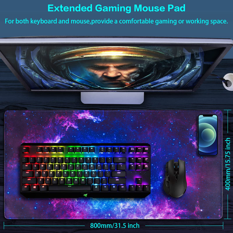 Gaming Mouse Pad, Canjoy Extended Mouse Pad, 31.5x15.7inch XXL Large Big Computer Keyboard Mouse Mat Desk Pad with Non-Slip Base and Stitched Edge for Home Office Gaming Work, Galaxy Print Blue-Galaxy