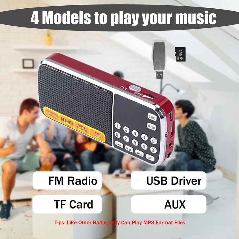 Leting Portable AM/FM Radio and MP3 Speaker, Mini Rechargeable Radio with 0-9 Number Keys for Direct Song & FM Tuning, TF Card/USB Support, Built-in Flashlight, Clear Reception (Red) RED