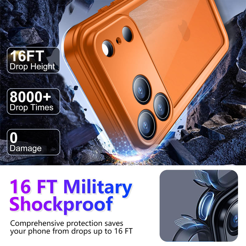 Compatible with iPhone 17 Pro Max Case,Waterproof Built-in Screen & Camera Protector IP68 Underwater Full Body 17FT Military Dropproof Shockproof Phone Case 6.9"-Orange/Clear Orange for iPhone 17 Pro Max 6.9"