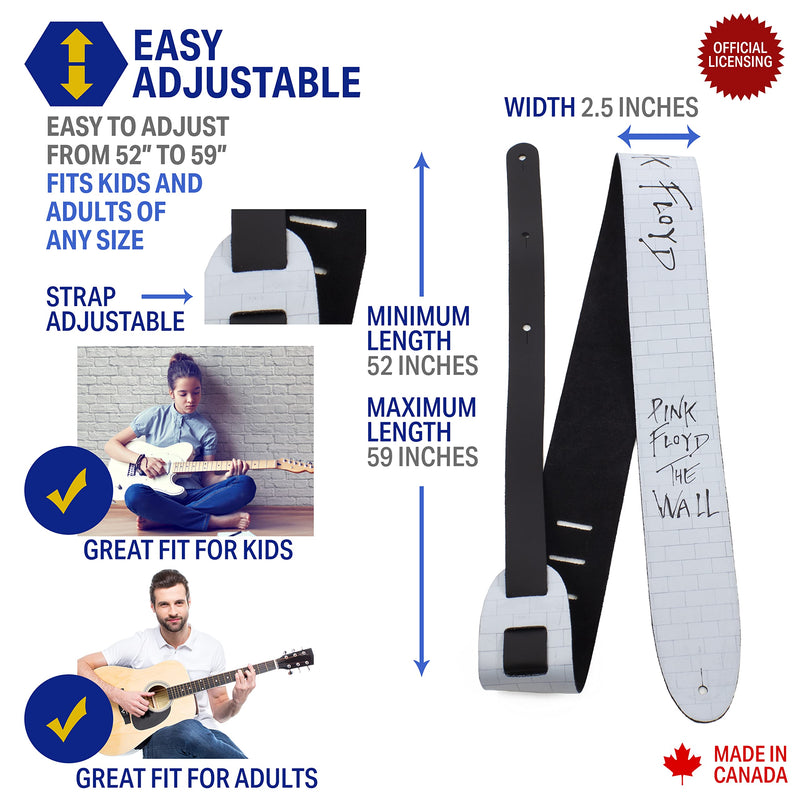 Perri's Leathers Ltd. - Guitar Strap - Direct To Leather - Official Licensing PINK FLOYD - Adjustable - For Acoustic/Bass/Electric Guitars - Made in Canada (DTL25PF-11004) 56" White