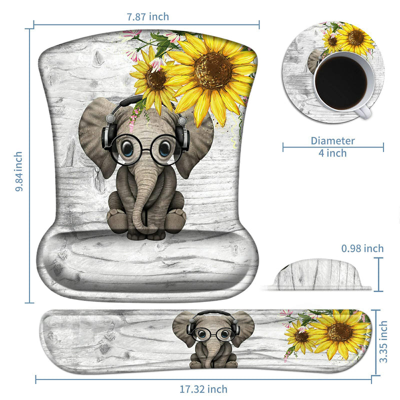 Keyboard Wrist Rest and Mouse Wrist Rest Pad Set, Made of Memory Foam with Non Slip Rubber Base Ergonomic Gel Wrist Rest for Computer Keyboard Office Working, with Elephant Sunflower Coaster