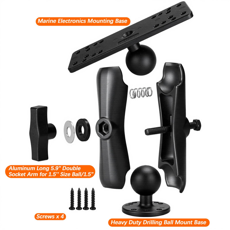 Aluminum Fish Finder Mount with 1.5"/C Size Ball, 5.9" Arm Marine Electronics/Depth Finder Mount. High Salt Water Resistant, Compatible with Garmin, Lowrance, Humminbird,and More Medium Arm